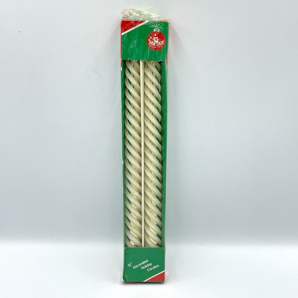 Vintage‎ Santa's Favorites 12" White Twist Taper Candles Gold Stripe NOS 2